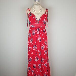 Red Floral Chiffon Maxi Dress with Ties by Emory Park Size Large Brand NEW w/Tag